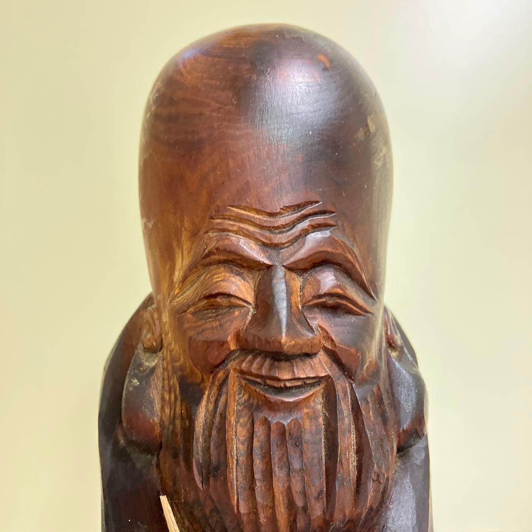 E-4昭和レトロ 置物 彫刻 木製 七福神 福禄寿 木彫り 長寿の像 福徳円満