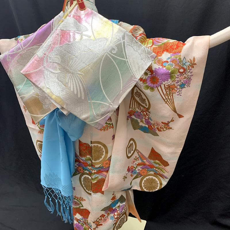 601ag27□七五三 七歳 セミアンティーク 女児 着物&袋帯 扇に花□良好