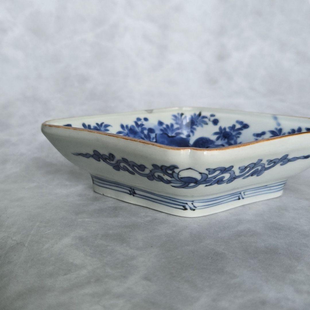 古伊万里　染付　隅入菱皿　小皿　江戸時代　金直し　金継ぎ　骨董　アンティーク