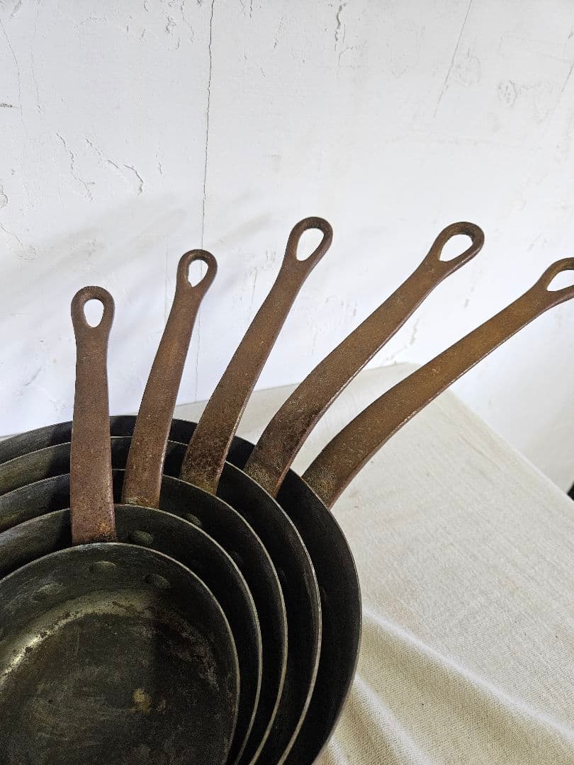 フランスアンティーク 銅製の古い片手鍋 5個セット ソースパン コッパーパン