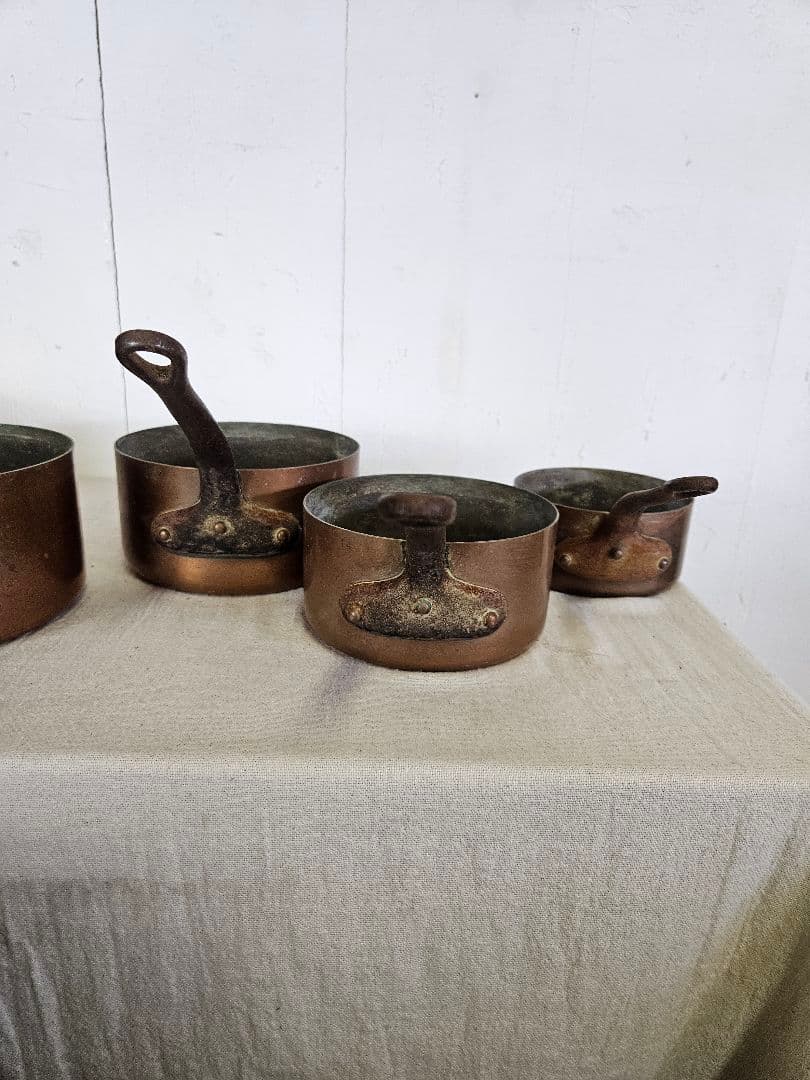 フランスアンティーク 銅製の古い片手鍋 5個セット ソースパン コッパーパン