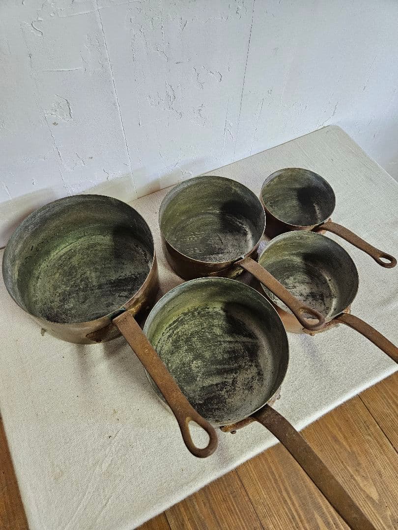フランスアンティーク 銅製の古い片手鍋 5個セット ソースパン コッパーパン