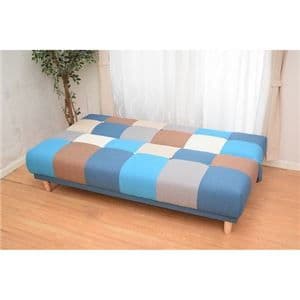 パッチワーク柄 ソファーベッド/ローソファー 【ブルー】 幅182cm 背もたれ