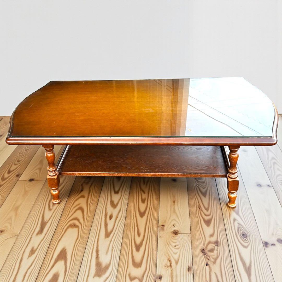 希少❣️送料無料✨飛騨産業 ガラス天板ローテーブル 無垢材 ヴィンテージ 高級家具