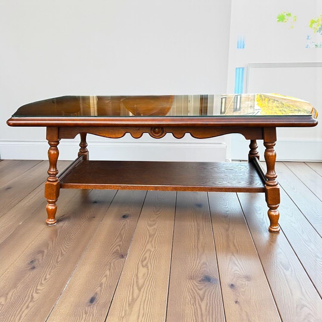 希少❣️送料無料✨飛騨産業 ガラス天板ローテーブル 無垢材 ヴィンテージ 高級家具