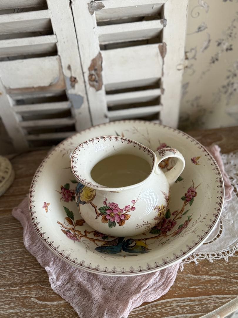 フランスアンティーク陶器リュネビィル激レアMeangeピッチャーとベイスン美品