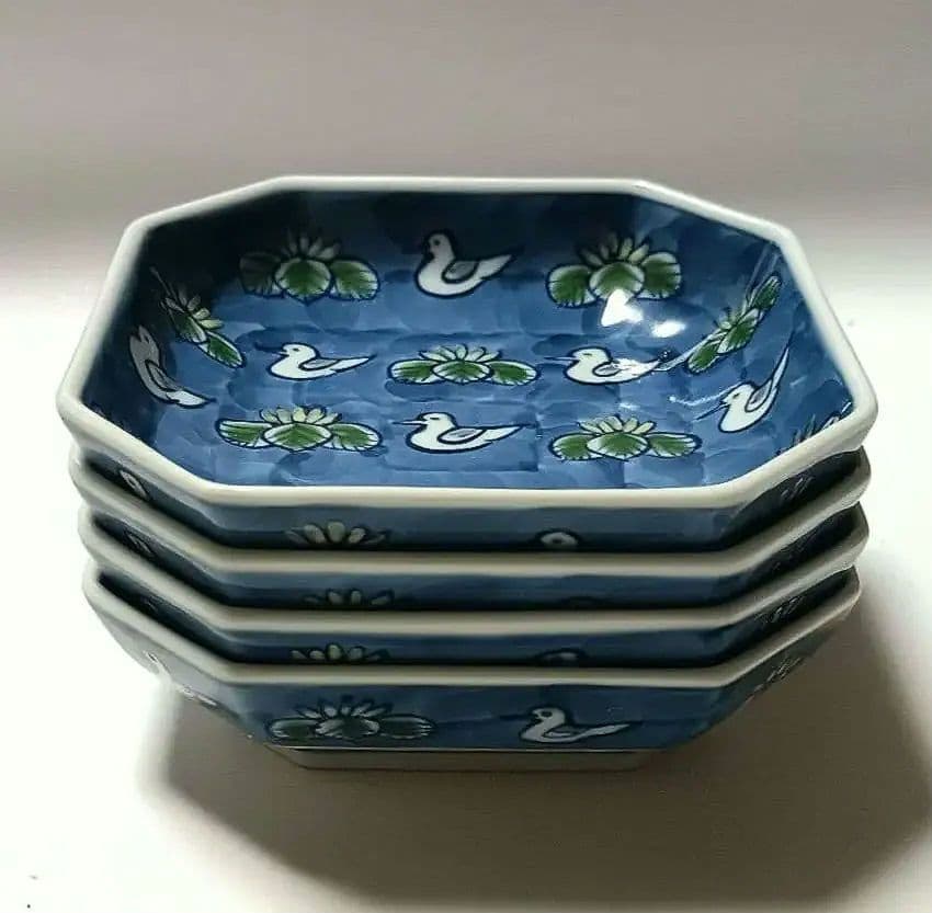 レア 源右衛門窯 染錦 水鳥図 小方皿 4客組