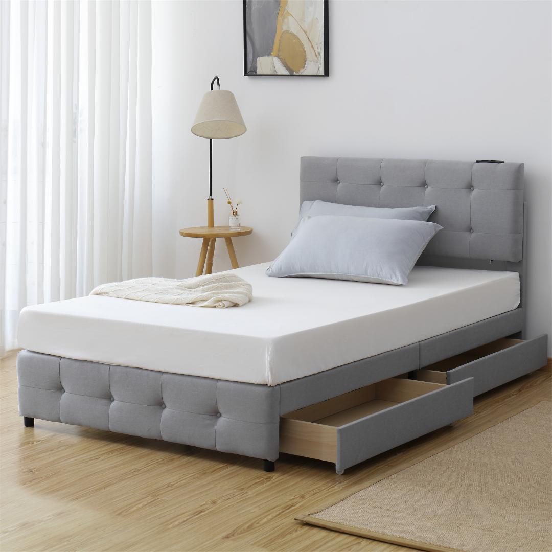 【新品】ライトグレー SDシングルベッド 布貼り 引き出し付き 北欧風