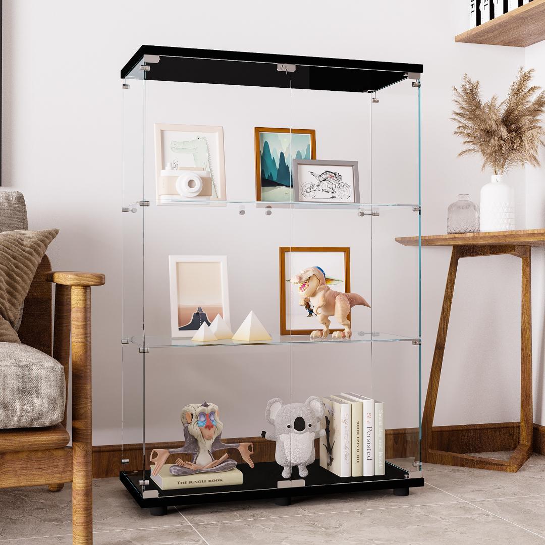 【新品】人気No.1！3段ワイドガラスケース黒｜支柱なし全面ガラス｜フィギュア棚