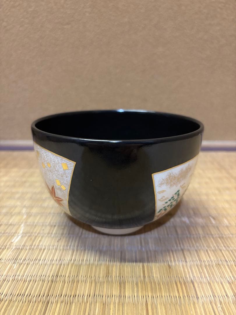 八代　高橋道八　黒釉扇面紙　茶碗　茶道具　京焼　色絵　美品
