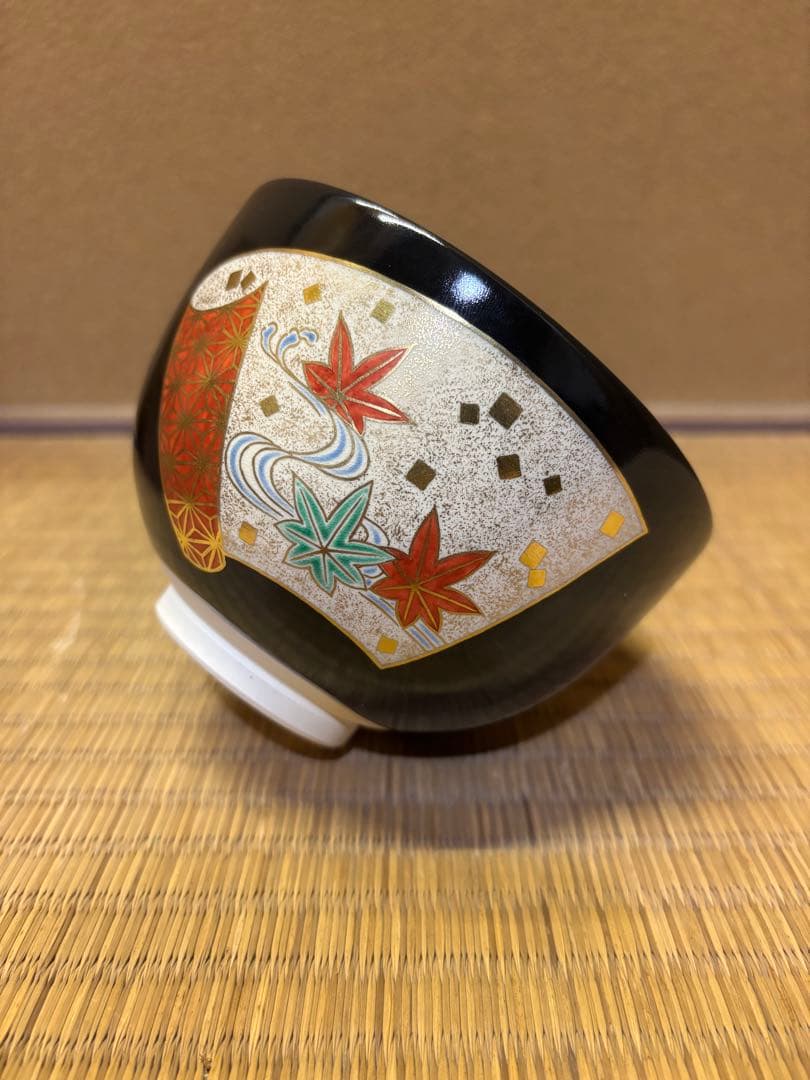 八代　高橋道八　黒釉扇面紙　茶碗　茶道具　京焼　色絵　美品