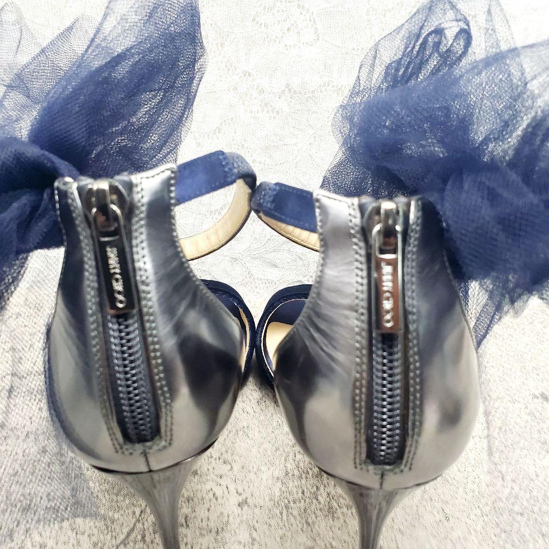 高級感✨ジミーチュウ ベルベットサンダル 37 ネイビー チュールリボン