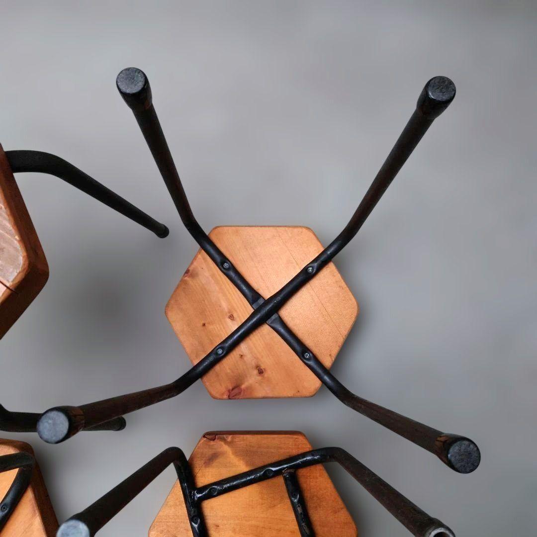 其のニ 古材パッチワーク椅子 スツール 鉄脚 正六角形 4点セット 古道具