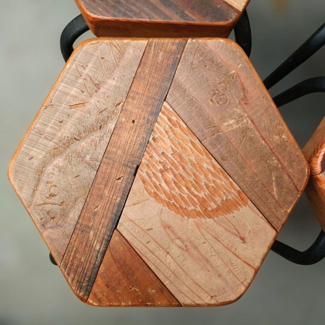 其のニ 古材パッチワーク椅子 スツール 鉄脚 正六角形 4点セット 古道具