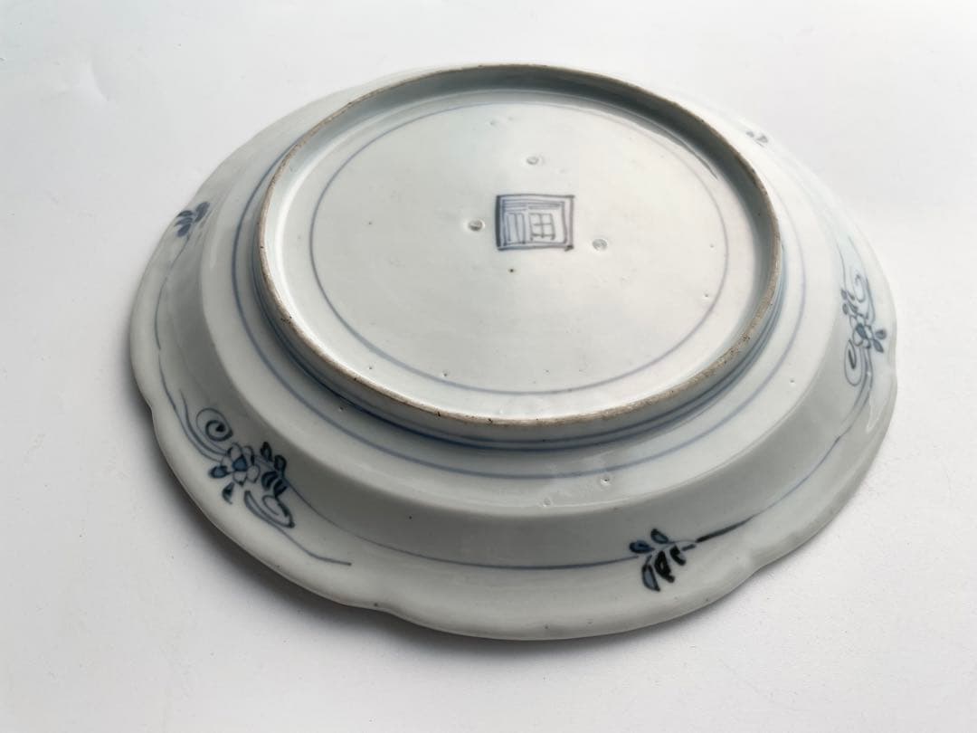 骨董　アンティーク　藍柿右衛門　染付　花鳥文　輪花七寸皿　白磁　古伊万里　藍九谷