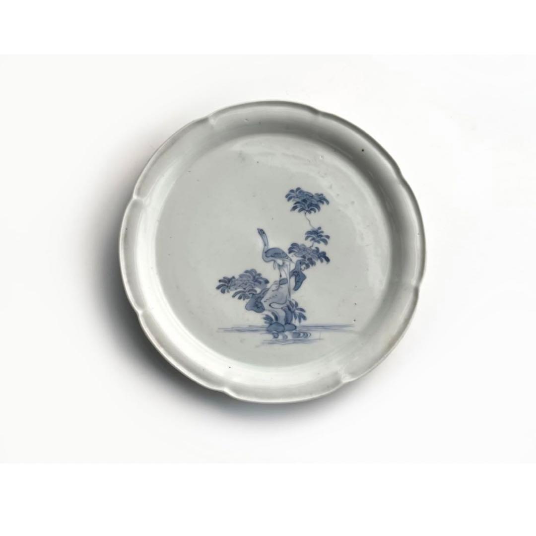 骨董　アンティーク　藍柿右衛門　染付　花鳥文　輪花七寸皿　白磁　古伊万里　藍九谷