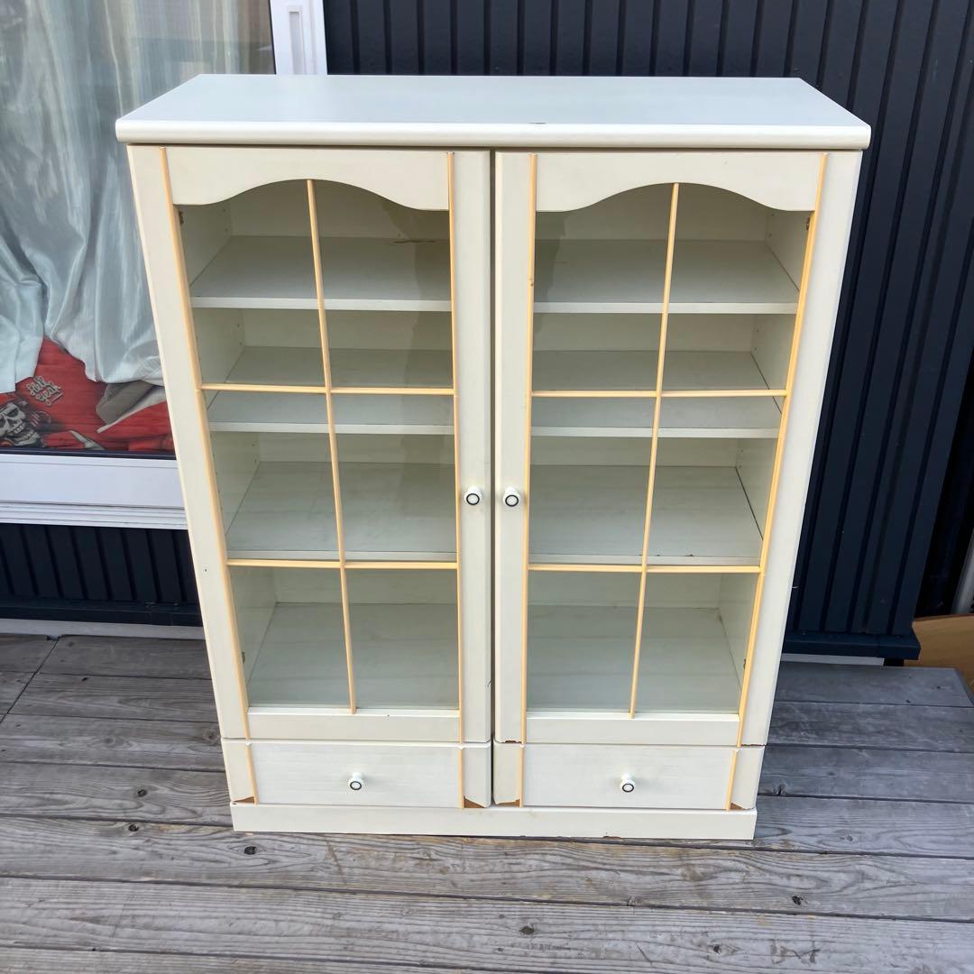 昭和レトロ ガラス扉 窓枠風 木製サイドボード 飾り棚 カップボード 古家具