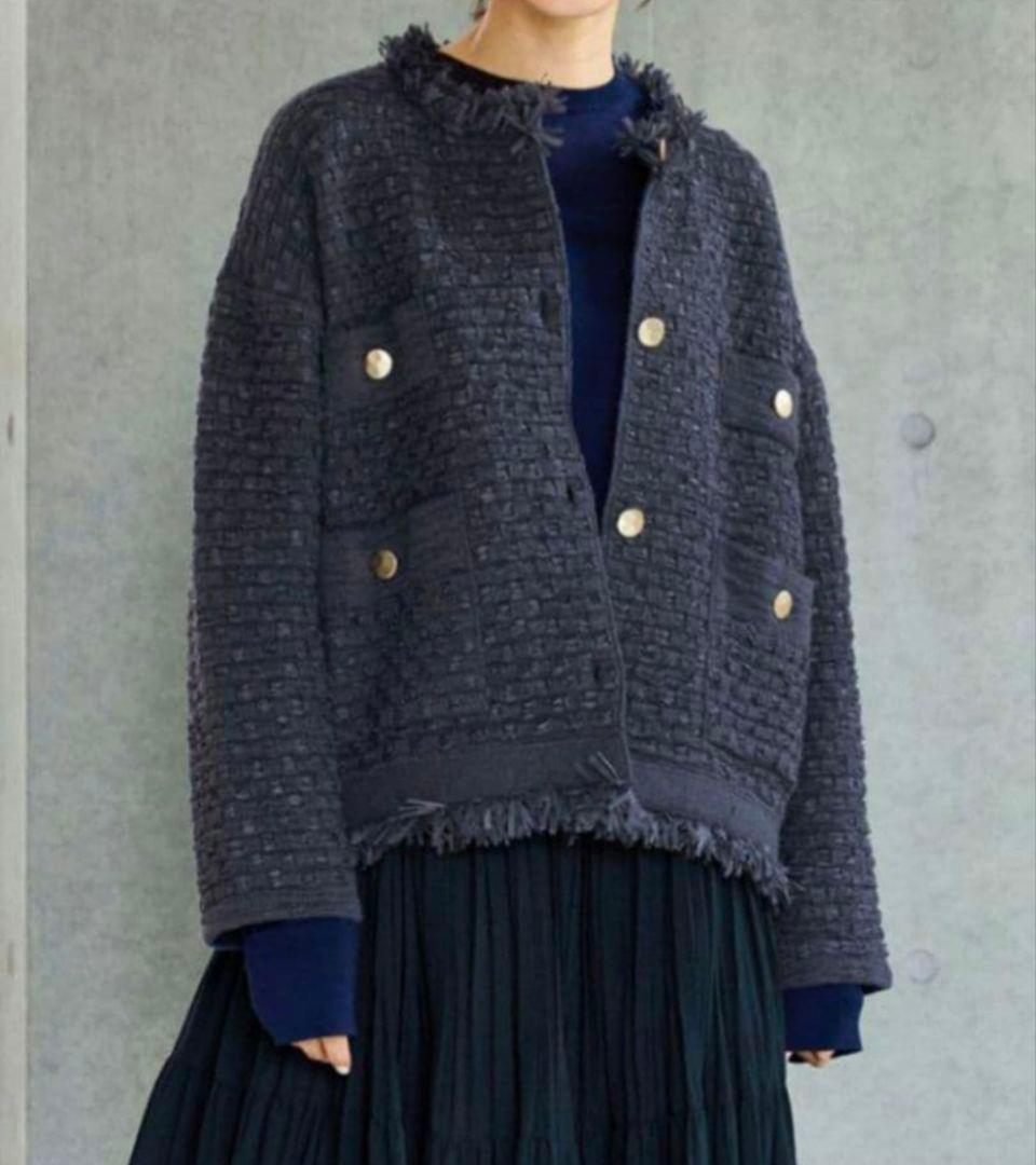 IENA　ツイードニットジャケット ノーカラー 金ボタン