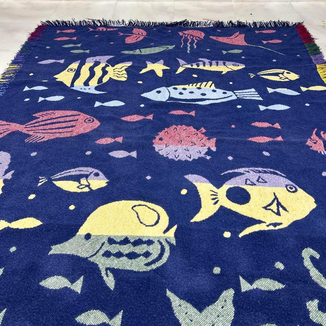 魚　海　マルチカバー　ソファーカバー　ヴィンテージラグ　176x121