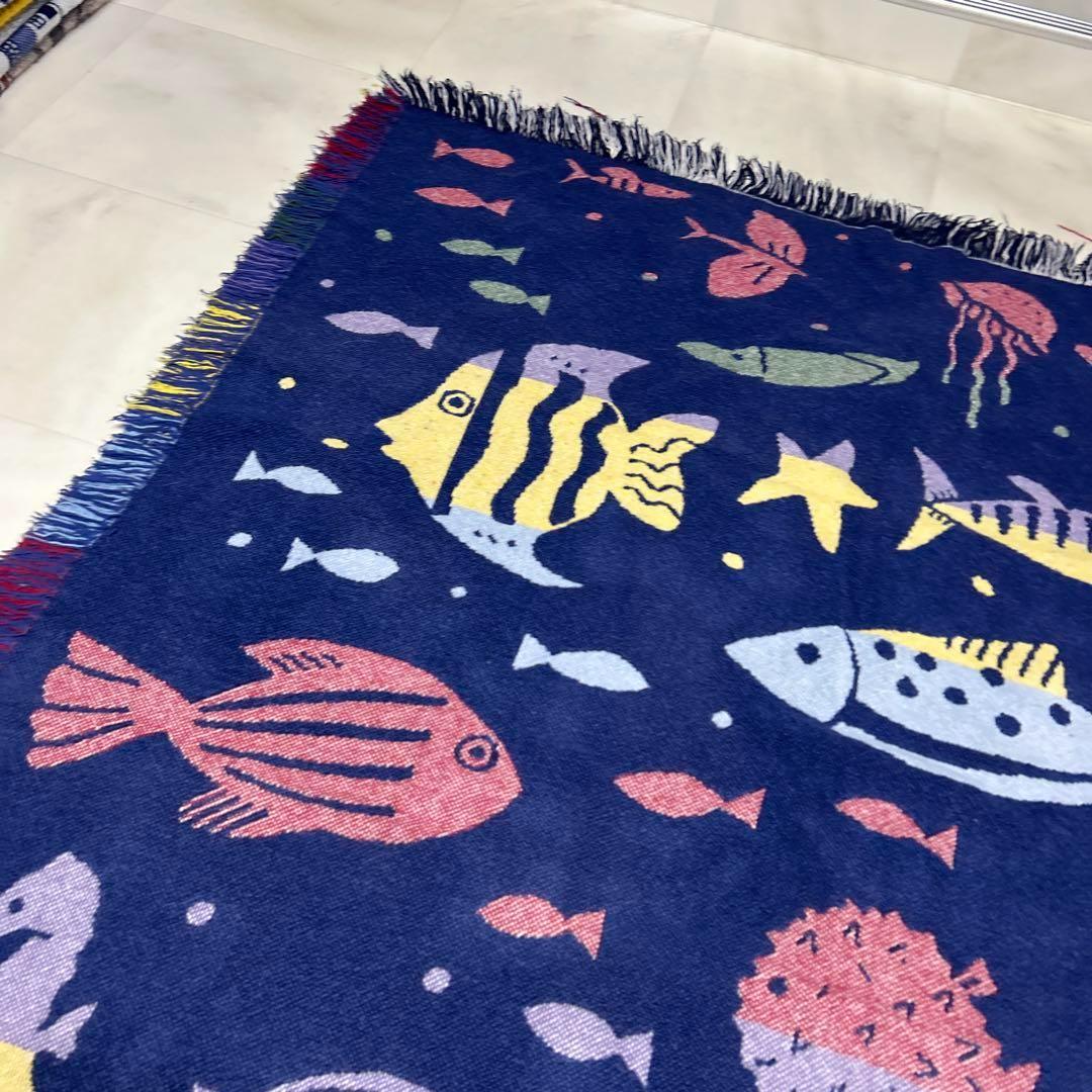 魚　海　マルチカバー　ソファーカバー　ヴィンテージラグ　176x121