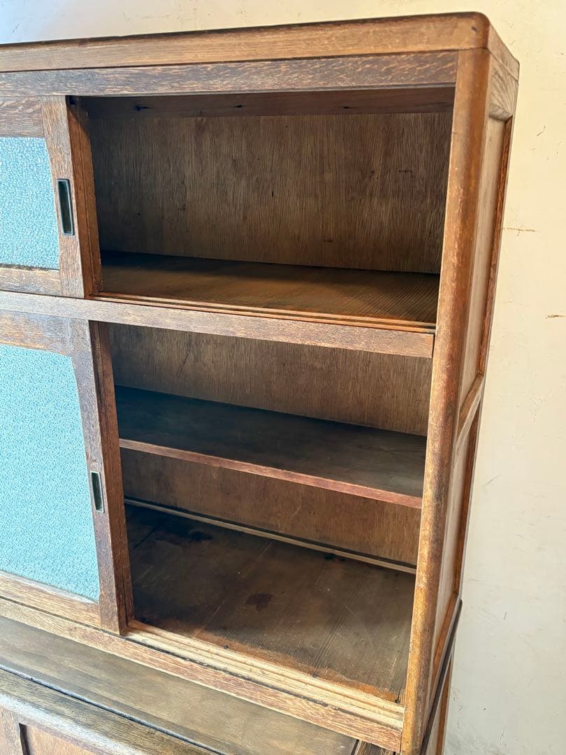 ダイヤガラス 作業台付き　レトロ 木製 キャビネット 水屋 食器棚 アンティーク