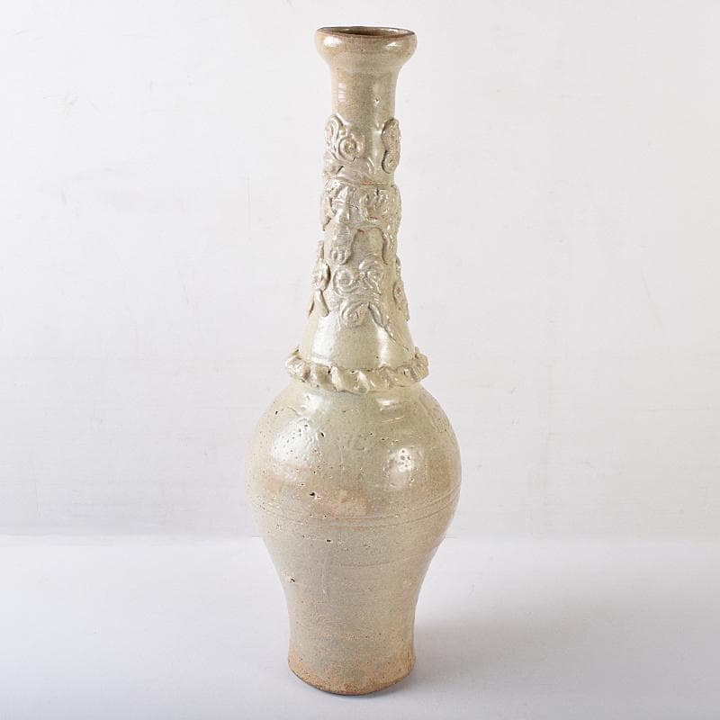 中国　唐時代　越州窯　青磁　虎貼花文　皈依瓶　日月壺　共箱　V　R8771B