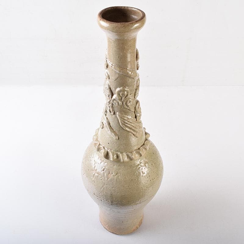 中国　唐時代　越州窯　青磁　虎貼花文　皈依瓶　日月壺　共箱　V　R8771B