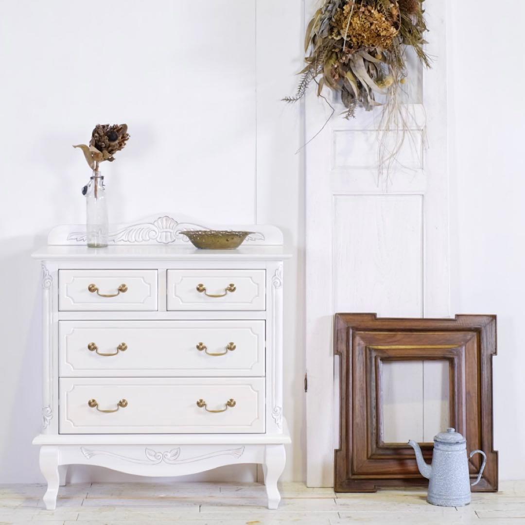 A 新品 アンティーク調 チェスト 75 白 たんす 衣類 リビング収納 ボード