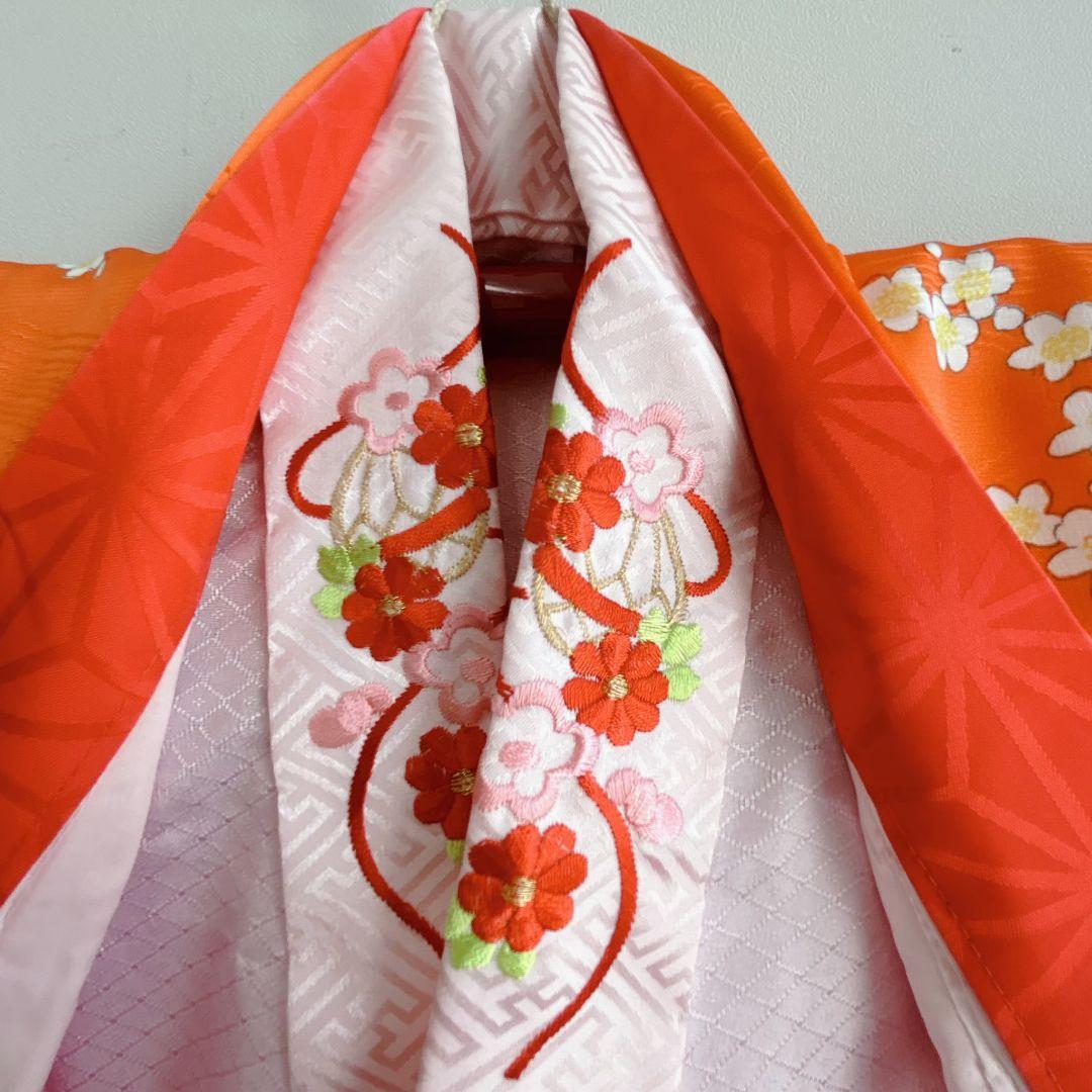 美品　フルセット　七五三７歳女の子　着物　化繊　オレンジ　51975