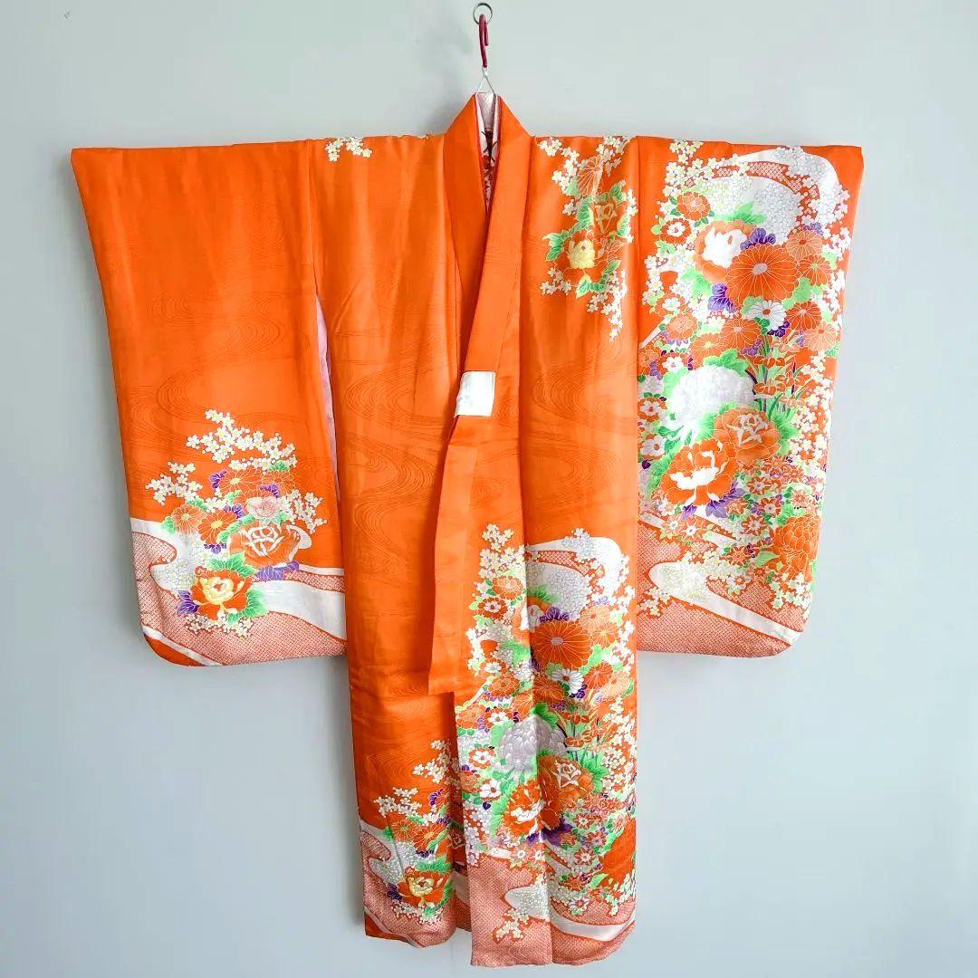 美品　フルセット　七五三７歳女の子　着物　化繊　オレンジ　51975