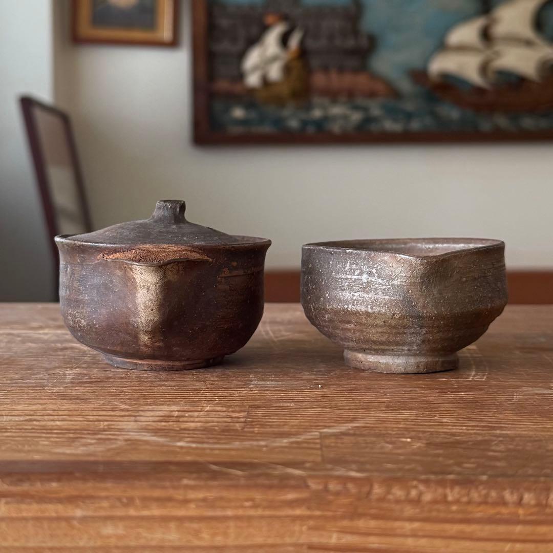 SNT454 真作 備前焼 人間国宝 藤原啓 宝瓶 湯冷し 二点 宝瓶直しあり