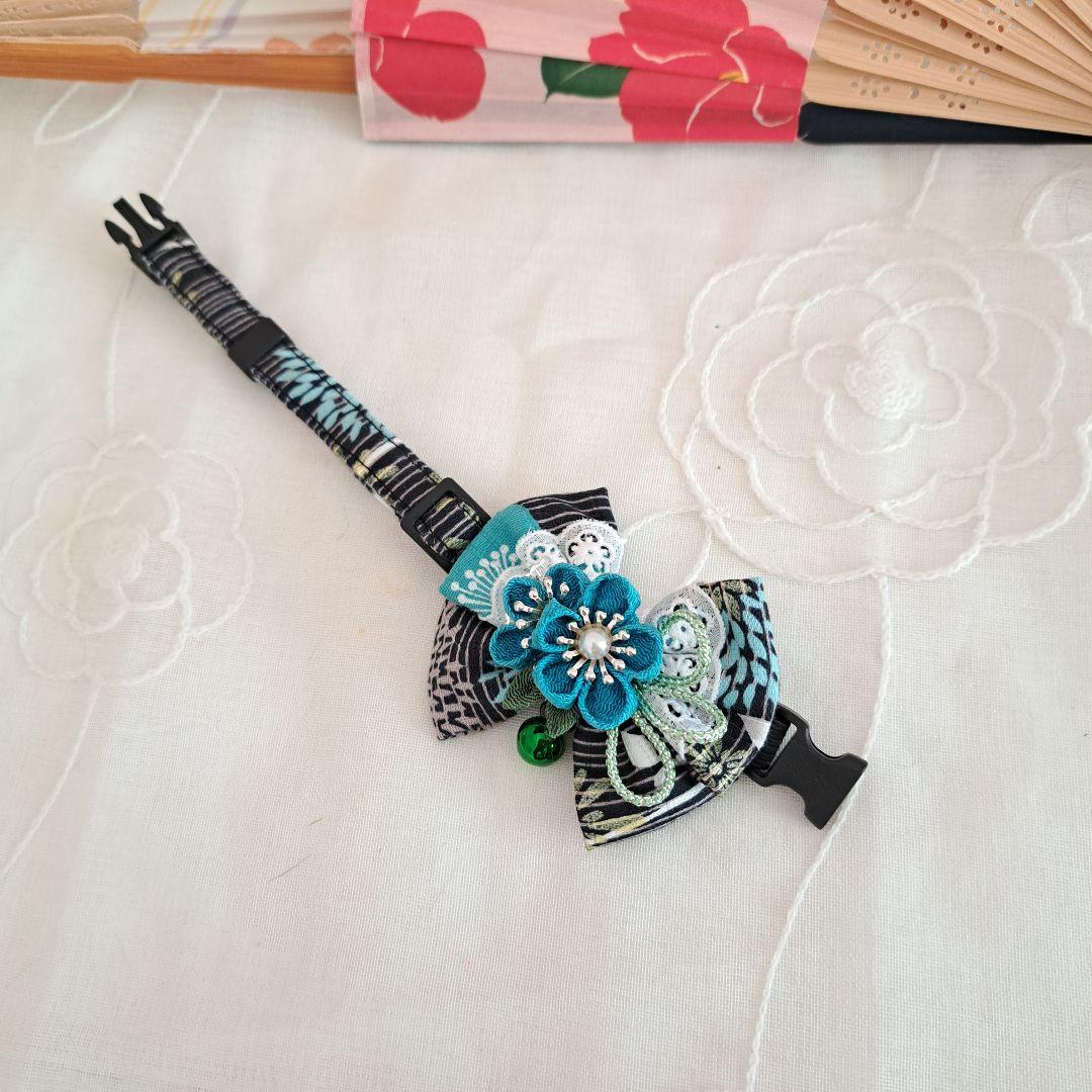 ダブルリボン、和風つまみ細工(エメラルド)わんちゃん猫ちゃん用首輪