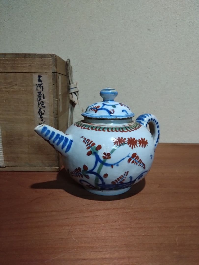 阿蘭陀    藍紅毛色絵 花鳥紋水注  急須