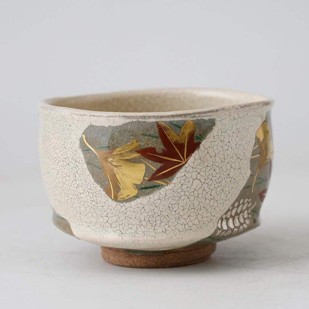 水無月窯 藤谷芳哉 白入掛 色絵吹寄せ 茶碗 紅葉文 共箱 栞