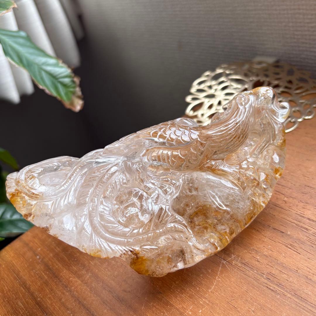 天然石 ゴールデンヒラー共生水晶 鳳凰 置物663g