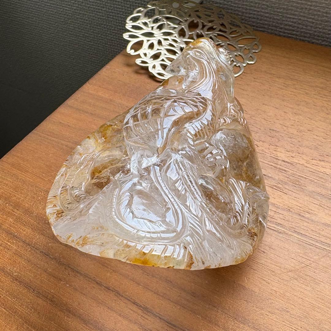 天然石 ゴールデンヒラー共生水晶 鳳凰 置物663g