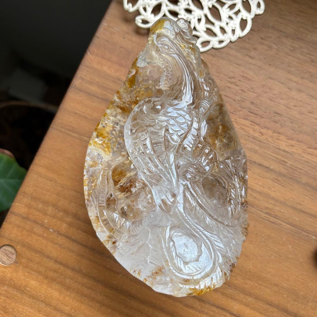 天然石 ゴールデンヒラー共生水晶 鳳凰 置物663g