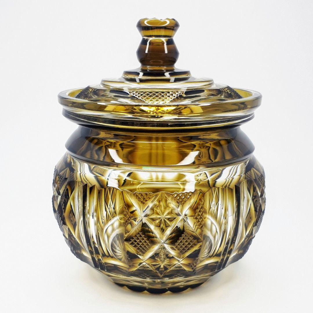 薩摩切子　黄色被せガラス　切子 シュガーポット　【 薩摩びーどろ工芸 】