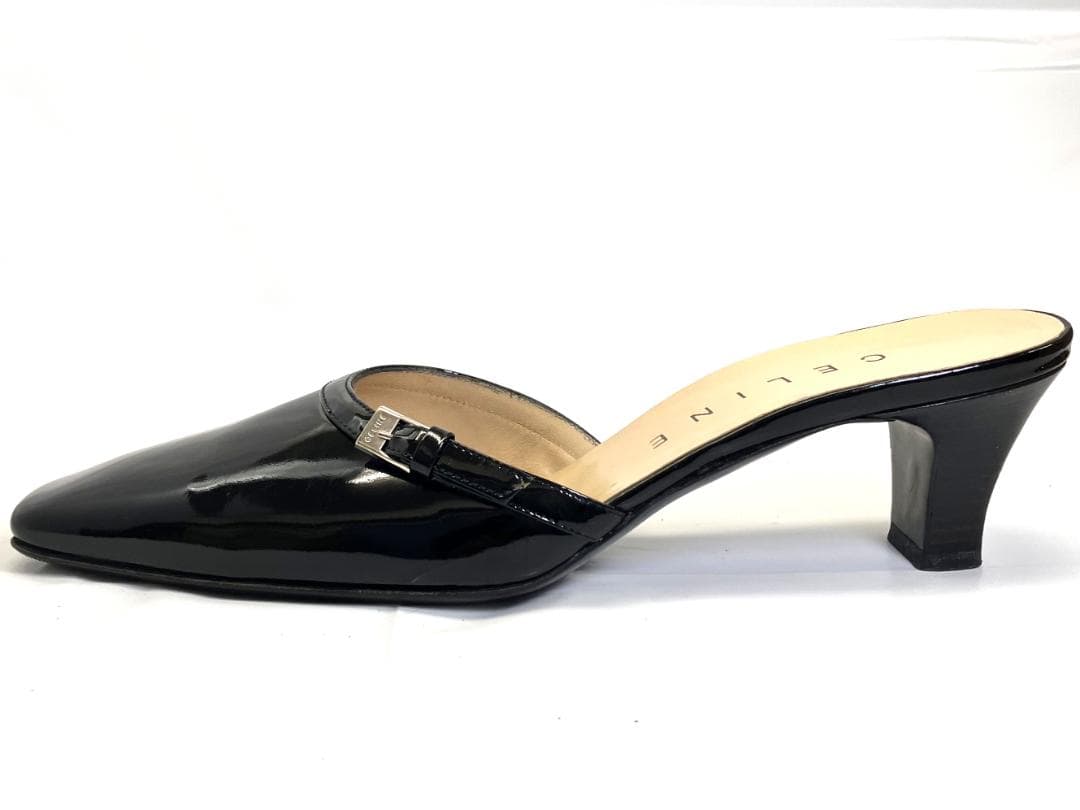 【美品】CELINE ブラック エナメル スクエアトゥ ミュール サンダル