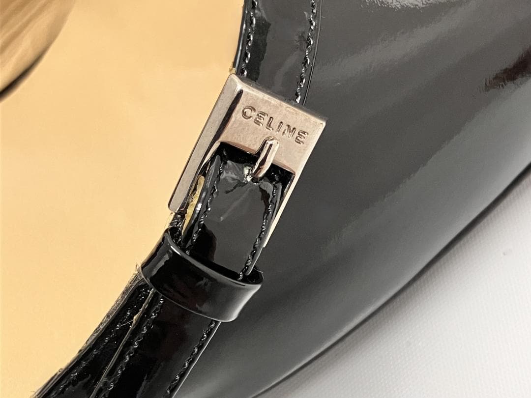 【美品】CELINE ブラック エナメル スクエアトゥ ミュール サンダル
