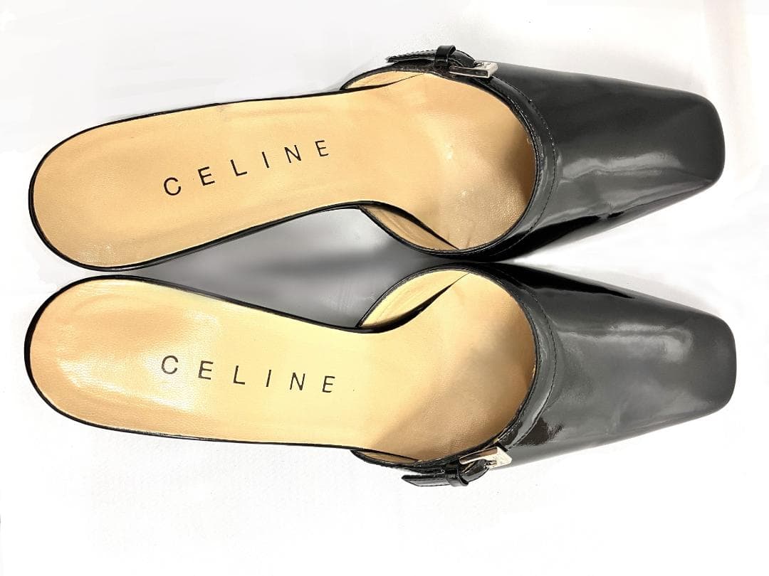 【美品】CELINE ブラック エナメル スクエアトゥ ミュール サンダル