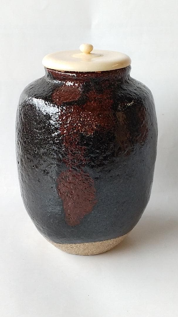 希少品 楽焼 吉村楽入 作 黒楽 茶入 仕覆 鶏頭大燈古金襴 茶道具 共箱 新品