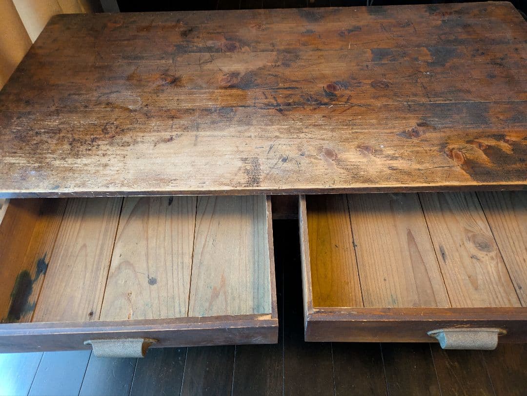 木製文机 2引き出し付き ダークブラウン　昭和レトロ