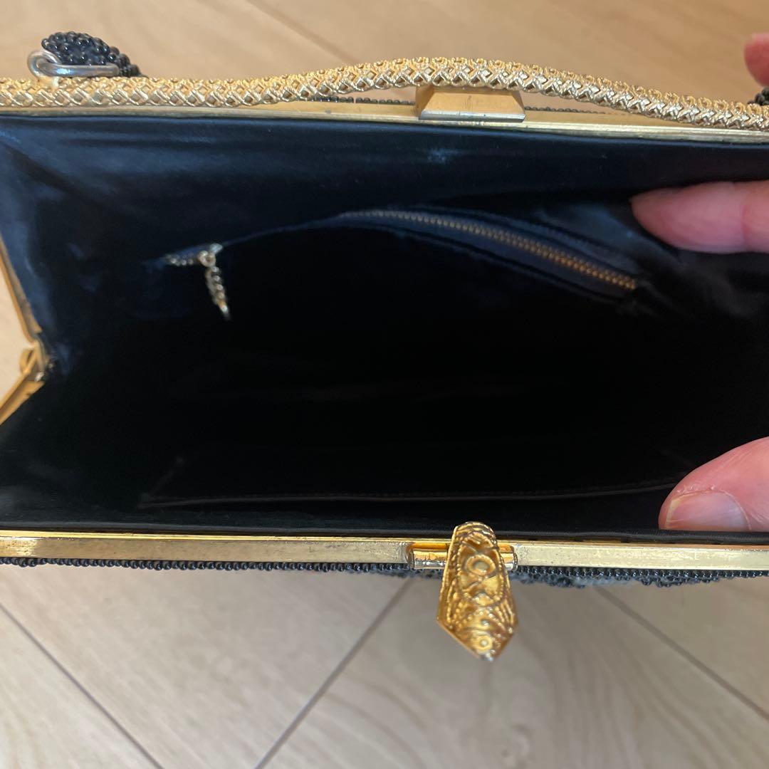 手刺繍　ビーズバッグ　ゴブラン織り 　和装　パーティーバッグ　プチポアン　がま口