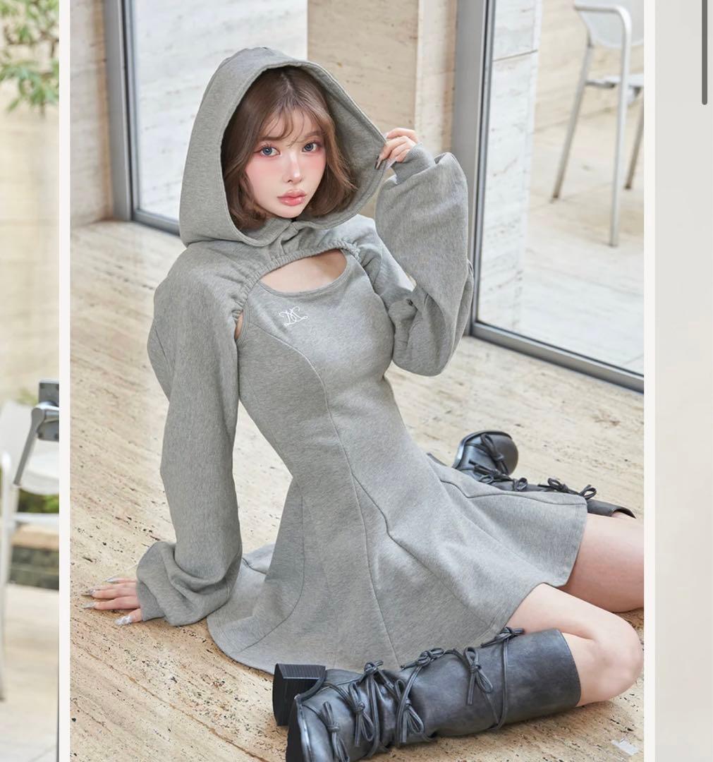 新品タグ付 ダーリッチ ショートフーディスウェットミニワンピース グレー FL