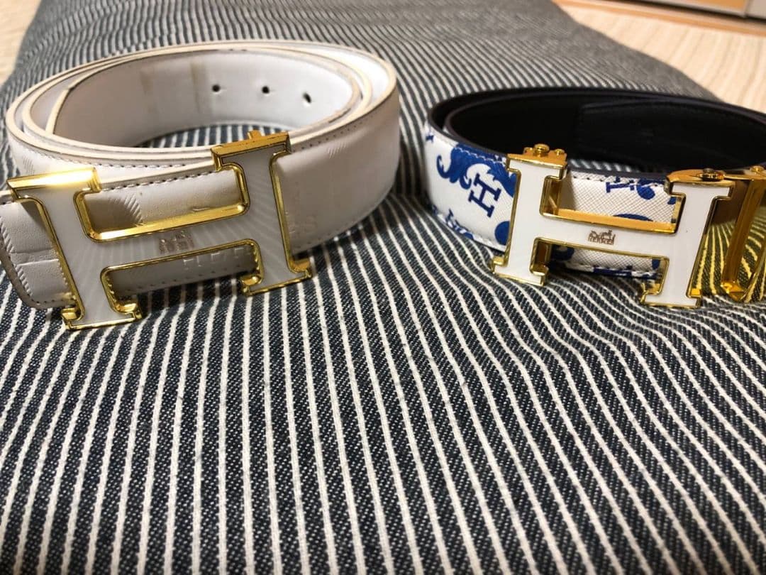 まみもも HERMES調 ホワイトレザーベルトH型バックル 2個セット
