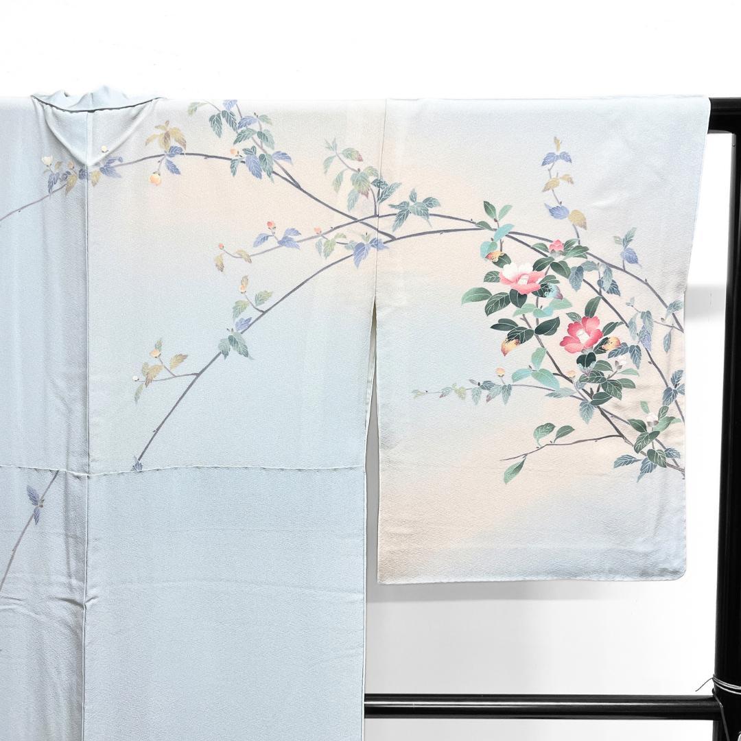 作家もの　訪問着　京加賀友禅　椿　ライトブルー　紋無し　着物　124b d ms