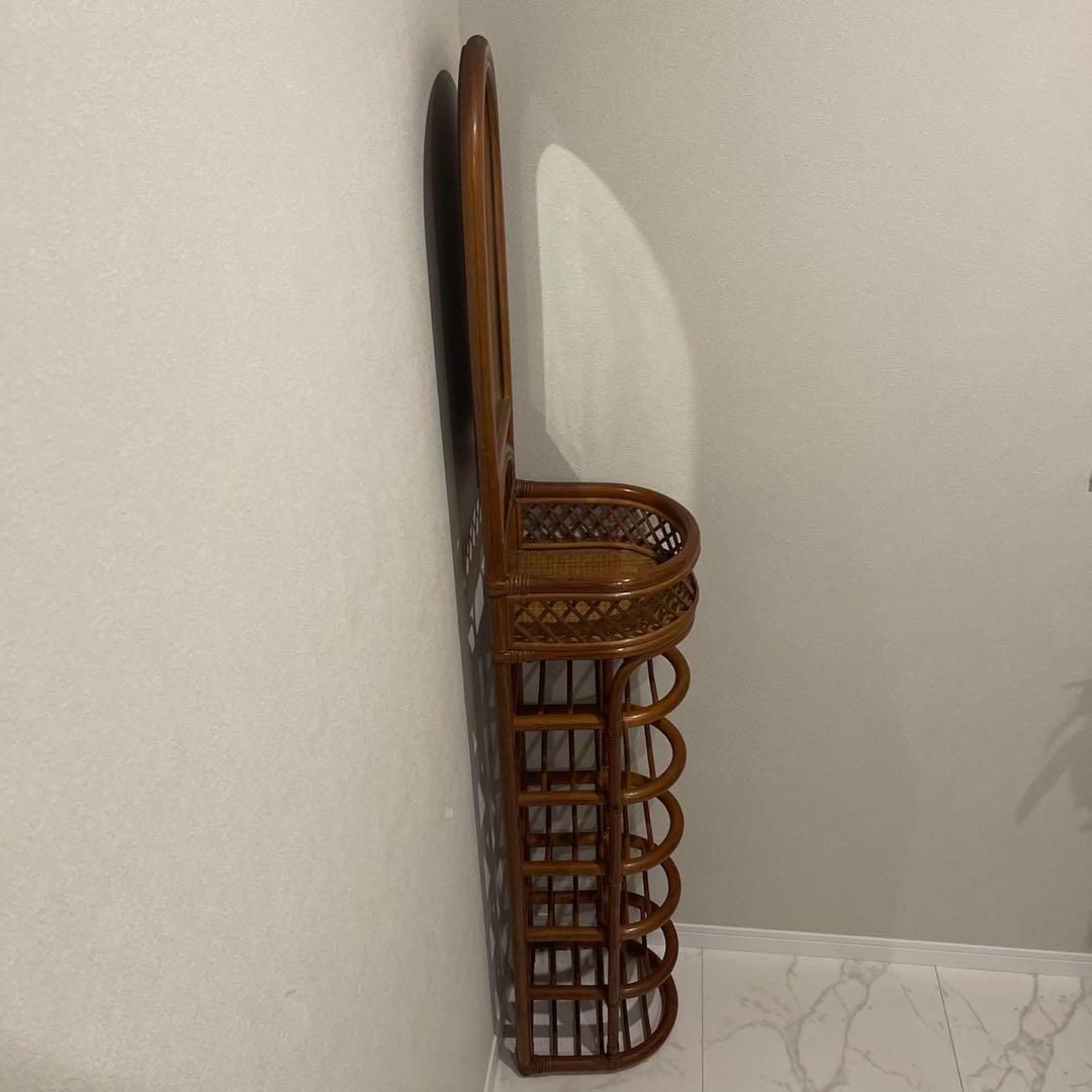 ラタン　籐　鏡付き　ミラー　スリッパラック　昭和レトロ　アジアンテイスト
