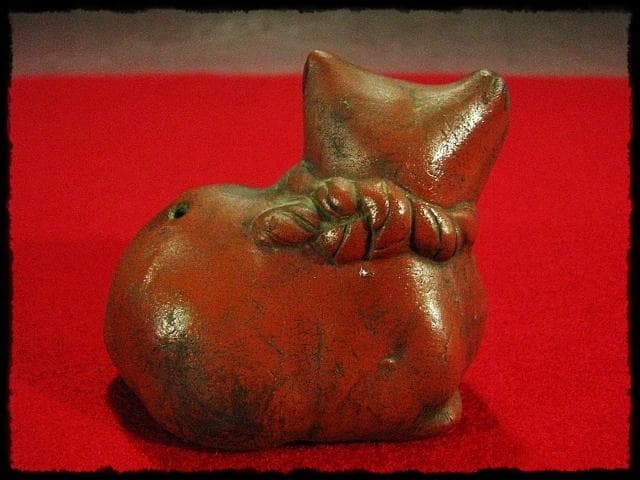 古備前 猫 水滴 ねこ ネコ 水注 朱泥 書道具 文房具 時代箱 kc304