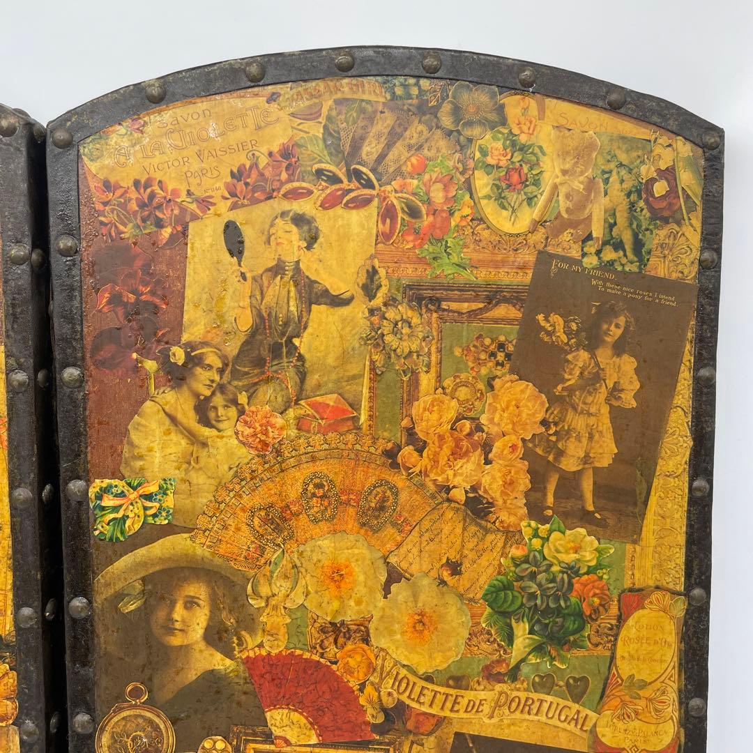 海外製屏風　ヴィンテージ　アンティーク　デコパージュパネル　スクラップスクリーン